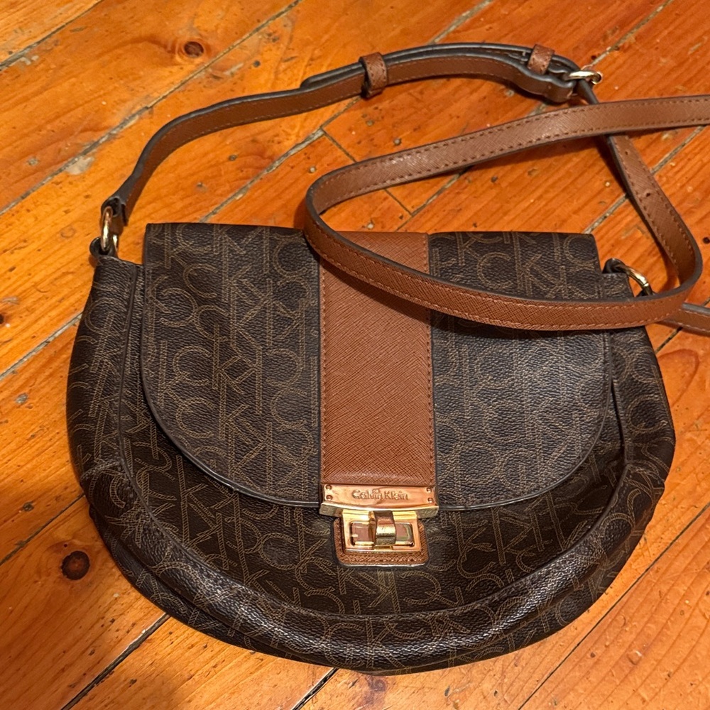 Calvin Klein Dark Brown and Tan Crossbody Bag